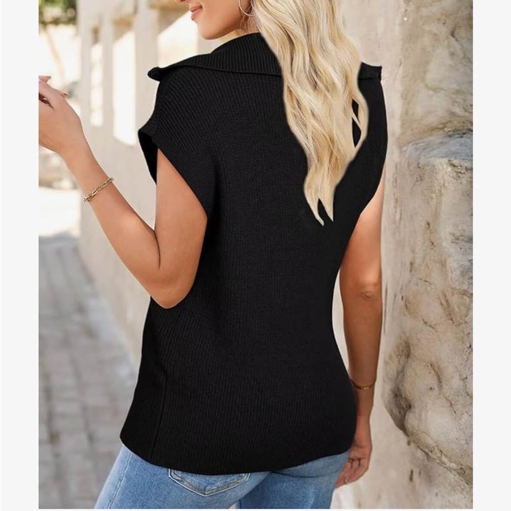 Women's Casual Half Zip Pullover Sweaters V Neck Collar Ribbed Knitted Sweater - Picture 2 of 3